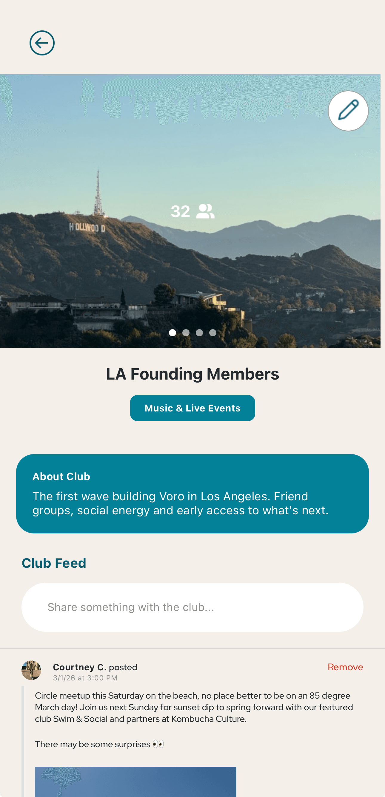 Voro app screenshot showing the Club feed with real-time posts and events