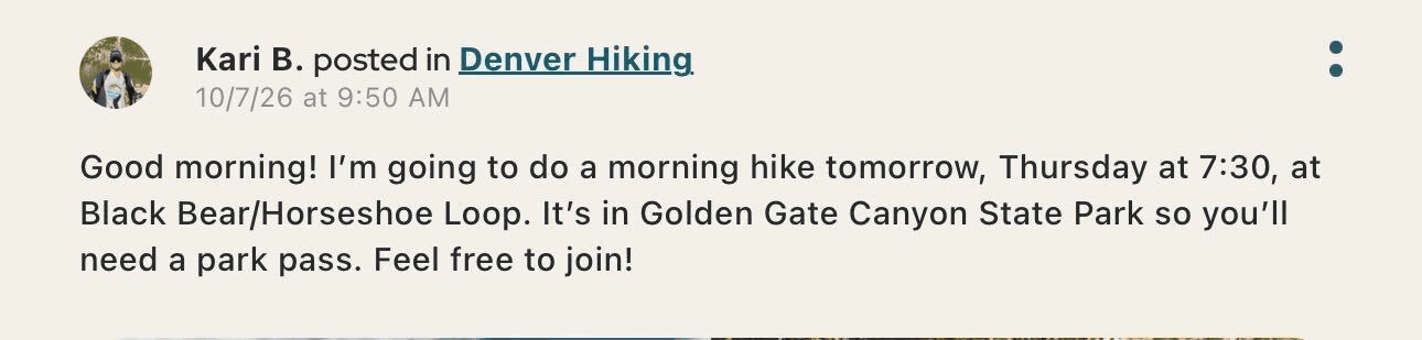 Kari B. posting in Denver Hiking about a morning hike at Black Bear/Horseshoe Loop